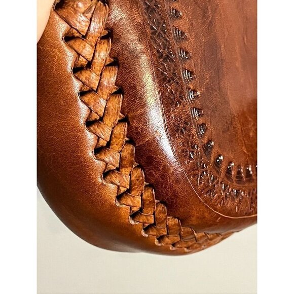 Vintage Hand Tooled Leather Brown S Boho Western Floral Crescent Medallion 70s - Picture 8 of 13
